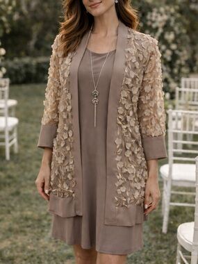 Laura Formal Shift Dress Outfit Sz 10 Floral Applique Jacket Taupe Gold Mature